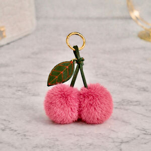 NEW Plush Cherry Pom Pom Bag Charm Keychain | Faux Fur | Rose Pink